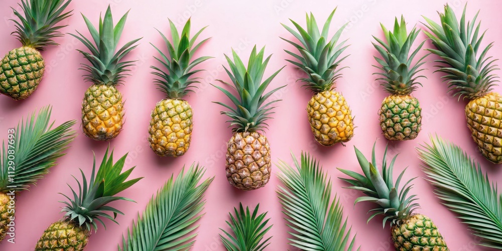 A vibrant arrangement of pineapples and palm leaves on a pink background, evoking a sense of tropical escape and summery joy. A vibrant arrangement of pineapples and palm leaves on a pink background, evoking a sense of tropical escape and summery joy.
