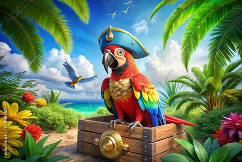 Playful Pirate Parrot in a Colorful Hat and Eye Patch, Captured in a Fun and Whimsical Setting, Perfect for Children’s Themes and Adventure Stories photo