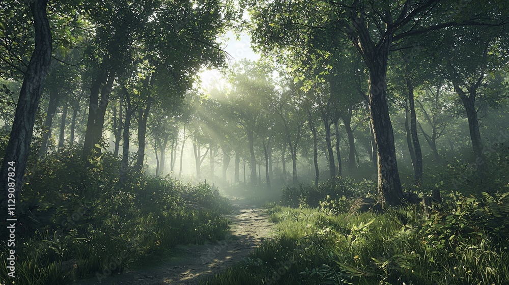 Fototapeta premium Sunlit path through a misty forest.