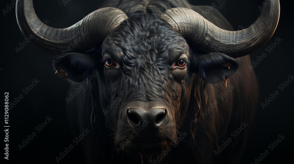 A black bull with horns is staring at the camera A black bull with horns is staring at the camera
