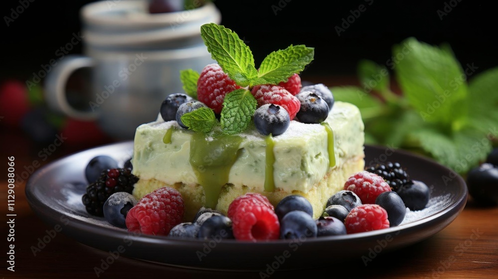 A dessert with blueberries and raspberries on top of a plate A dessert with blueberries and raspberries on top of a plate