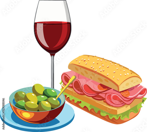Sandwich, red wine and green olives composing a tasty meal