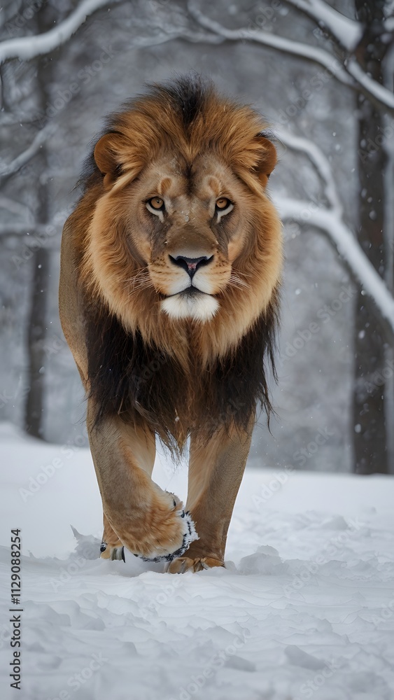 Lion in Snow Wallpaper Depicting Majestic Wildlife, Winter Beauty, Strength, Elegance, and Frozen Serenity