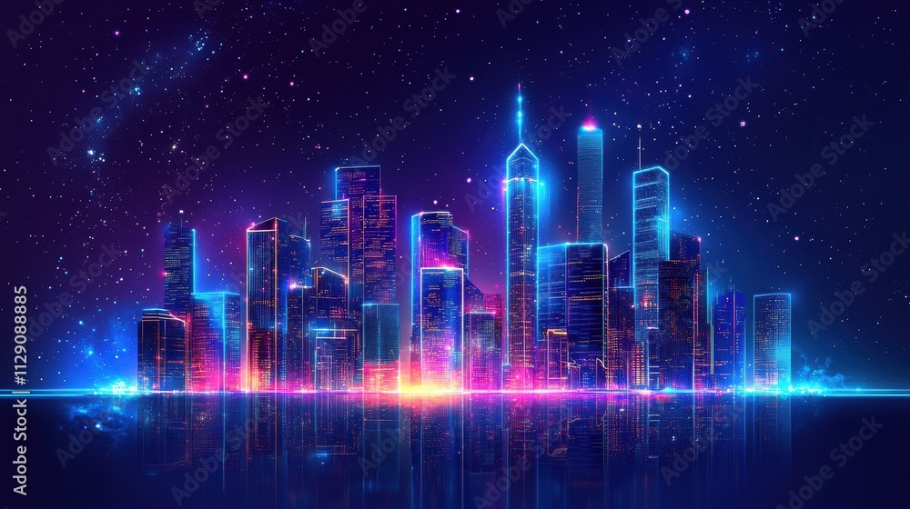 cityscape with space and neon light effect. Modern hi-tech, science, futuristic technology concept. Abstract digital high tech city design for banner background cityscape with space and neon light effect. Modern hi-tech, science, futuristic technology concept. Abstract digital high tech city design for banner background