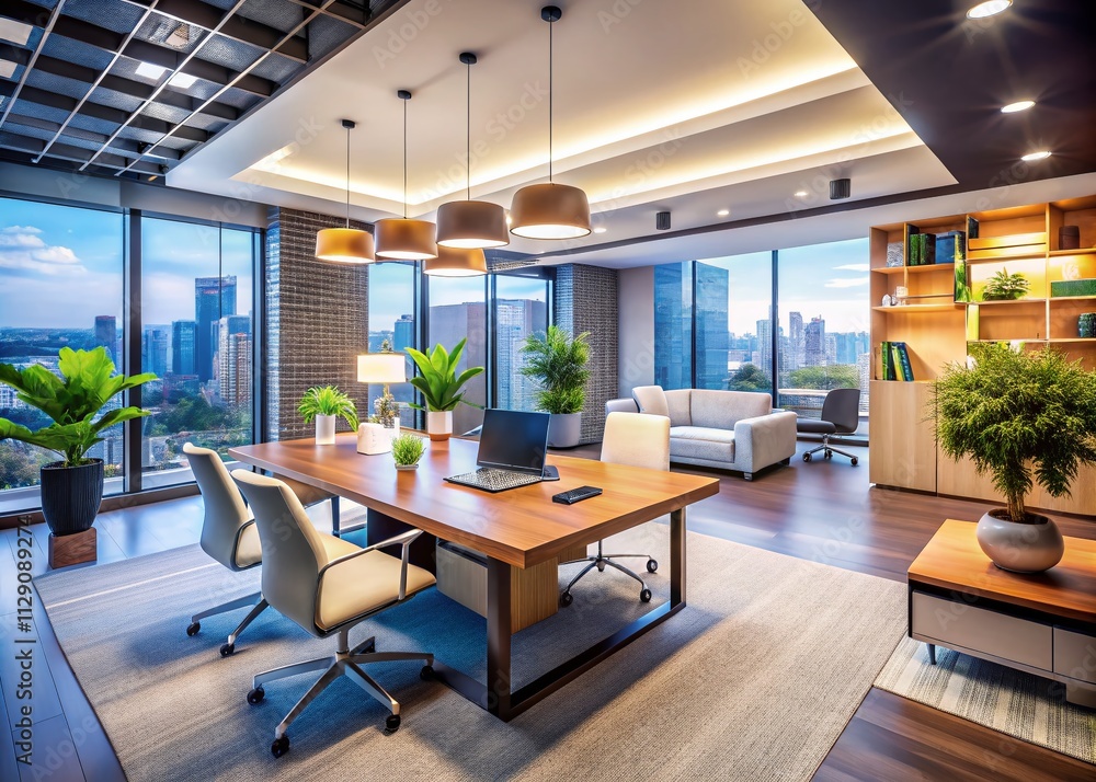 Professional Business Office Interior with Modern Design and Blurry Background, Showcasing Furniture, Workspace, and Technology for Corporate Environments Professional Business Office Interior with Modern Design and Blurry Background, Showcasing Furniture, Workspace, and Technology for Corporate Environments