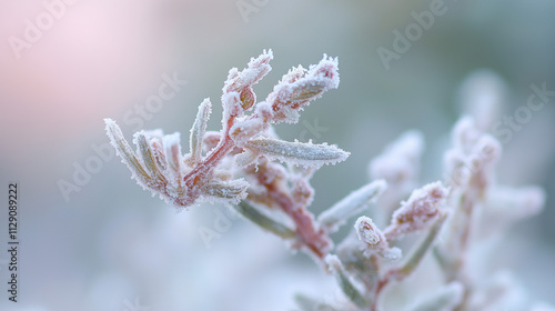 Frosted Plant Macro Shot with Soft Pastel Colors in Winter Landscape, Blurry Background, Close-Up Detail, Natural Beauty, Cold Season, Botanical, Serene, Artistic Frost Texture