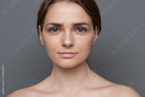 Woman with black hair and white shirt. Girl faces gray background. A model cleans her face with a gray background. A model cleans her face with a gray background lifestyle.