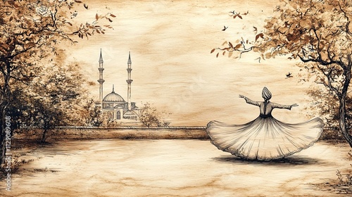 Whirling dervish performing sema ritual near mosque with trees and birds photo