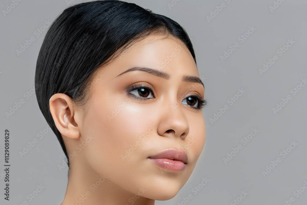 Woman with black hair and white shirt. Girl faces gray background. A model cleans her face with a gray background. A model cleans her face with a gray lifestyle background. Woman with black hair and white shirt. Girl faces gray background. A model cleans her face with a gray background. A model cleans her face with a gray lifestyle background.
