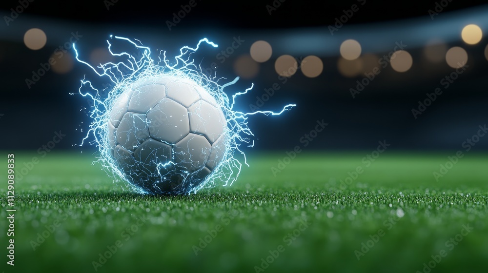 Naklejka premium Energetic Soccer Ball with Neon Blue Lightning Trail in Vibrant Outdoor Stadium - Photorealistic Sports Concept