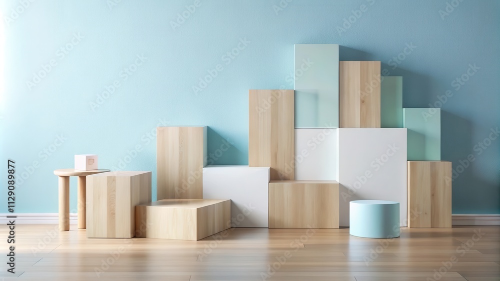 Modern Minimalist Product Display with Wooden and Light Blue Platforms Against a Pale Blue Wall Modern Minimalist Product Display with Wooden and Light Blue Platforms Against a Pale Blue Wall