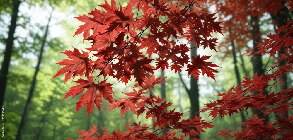 Crimson red maple leaves against a green forest background , forest, landscape Crimson red maple leaves against a green forest background , forest, landscape