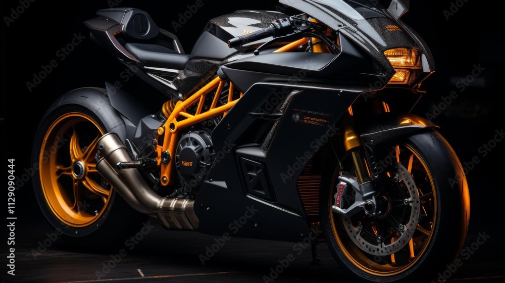 A black motorcycle with gold accents is parked in front of a dark background A black motorcycle with gold accents is parked in front of a dark background