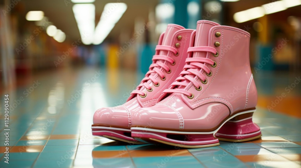 A pair of pink skates with a lace up A pair of pink skates with a lace up