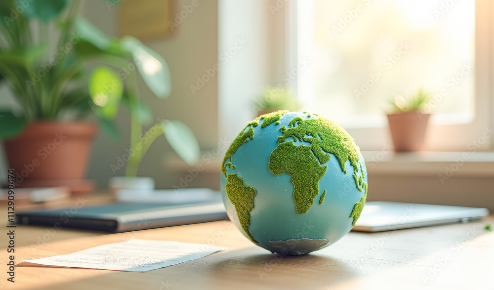 the Earth model with forests and seas on the office desk , the concept of environmental protection and peace the Earth model with forests and seas on the office desk , the concept of environmental protection and peace