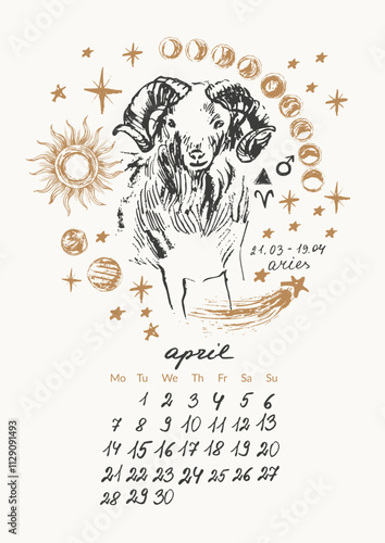 April month calendar with hand drawn aries zodiac signs illustration, planets, sun, moon, stars.