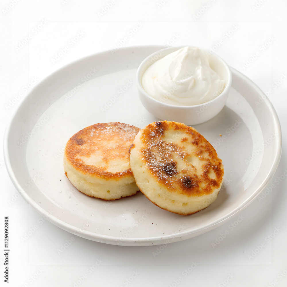 Two small cheese pancakes with a golden crust, served with a dollop of sour cream on the side, isolated on white background Two small cheese pancakes with a golden crust, served with a dollop of sour cream on the side, isolated on white background