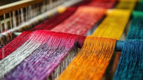 A series of different colored threads creating a vibrant pattern on a loom, Representing the weaving of diverse experiences into a coherent whole, minimalist composition photo