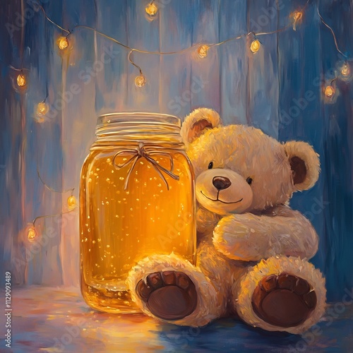 Cozy Teddy Bear and Glowing Amber Jar with Fairy Lights