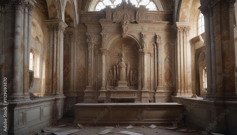 Obraz premium Decaying stone carvings and faded frescoes adorn the walls of a long-abandoned church, decay, neglect, worn