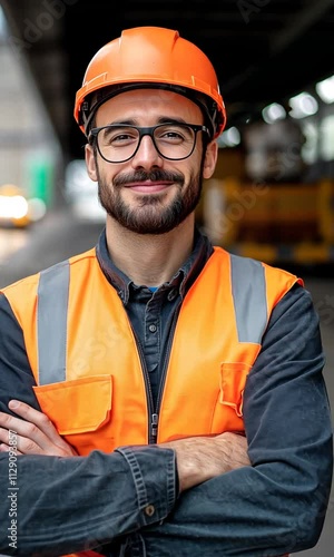 Standing in front of a truck. Male worker is in the modern warehouse or manufacturing company.