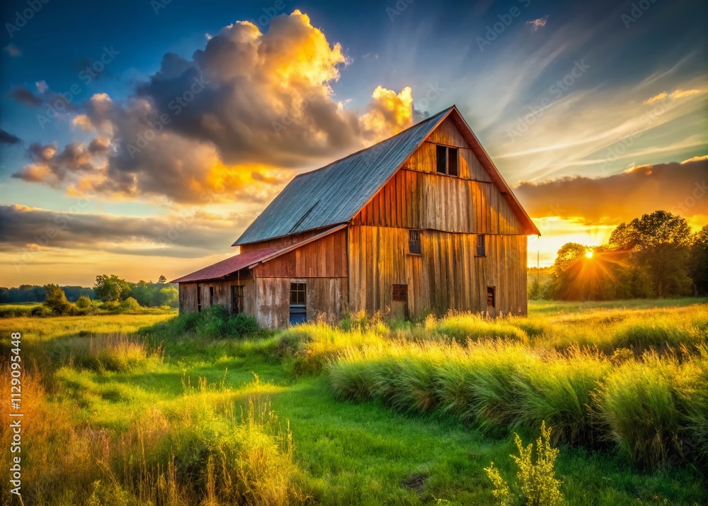 Rustic Barn House in a Neglected Area Surrounded by Overgrown Grass and Dilapidated Structures, Evoking a Sense of Hardship and Resilience in Rural Living