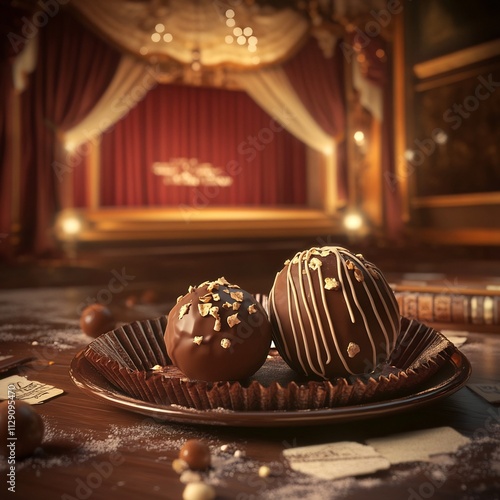 Decadent Chocolate Truffles on Elegant Serving Platter with Theatrical Backdrop