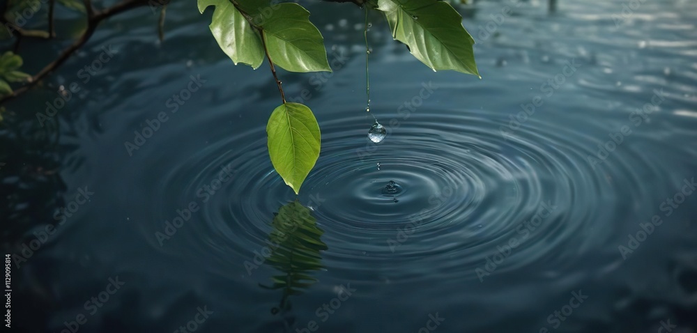 Leafy branch with a single water droplet falling from its tip onto a calm body of water creating a circular ripple , reflection, puddle Leafy branch with a single water droplet falling from its tip onto a calm body of water creating a circular ripple , reflection, puddle