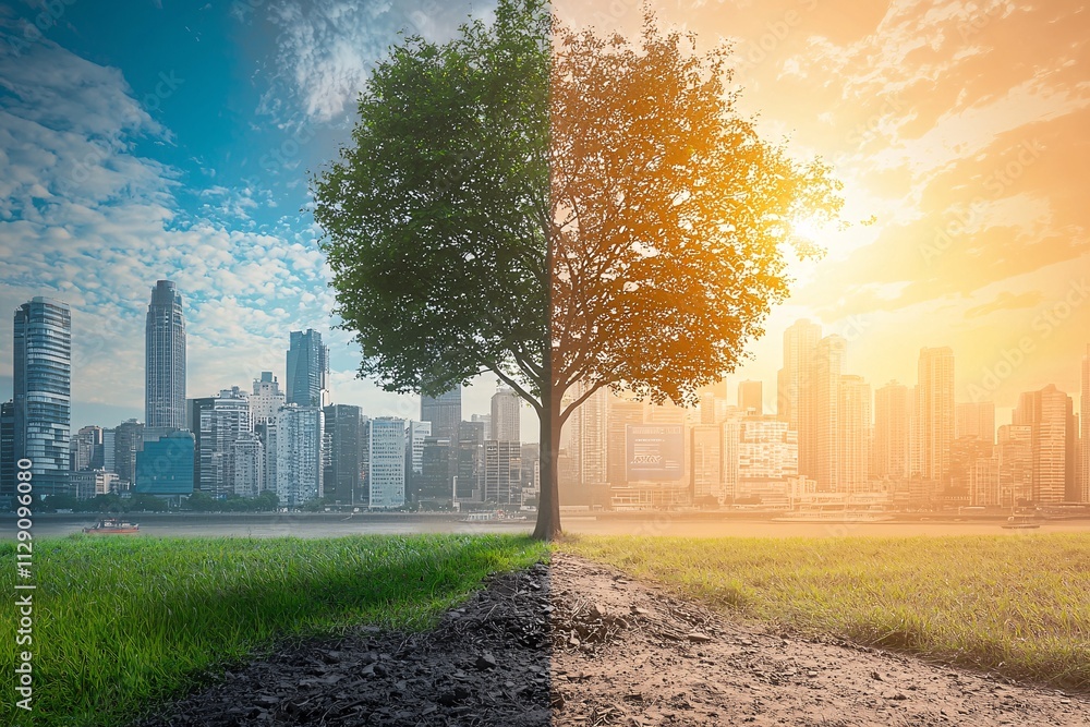 Climate Change Cityscape Split Green vs Dry Environmental Impact Climate Change Cityscape Split Green vs Dry Environmental Impact