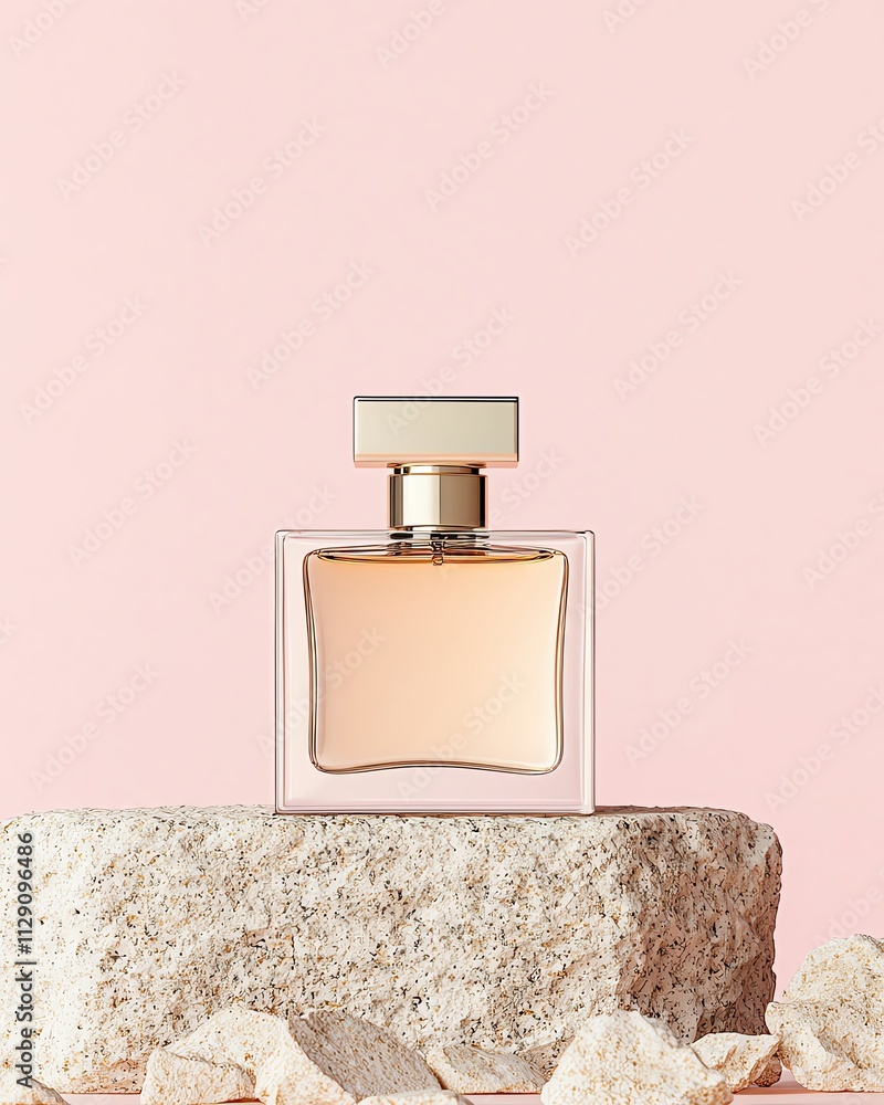 Elegant perfume bottle on textured stone product podium , pastel minimal product display Elegant perfume bottle on textured stone product podium , pastel minimal product display