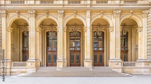 International court facade with grand architecture and flagpoles, symbolizing justice and global cooperation in resolving disputes.