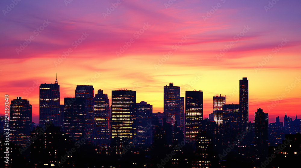 Fototapeta premium Cityscape at vibrant sunset, urban skyscrapers silhouette, modern downtown twilight, glowing financial district skyline, illuminated metropolis building architecture, bustling city life at dusk.