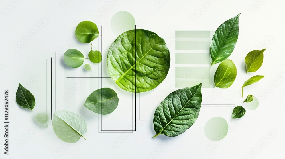 Green leaves on white background with geometric shapes, a modern and minimalist design with natural elements. Green leaves on white background with geometric shapes, a modern and minimalist design with natural elements.