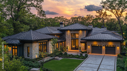Metal roof on a house or home building architecture, steel rooftop tile exterior view.