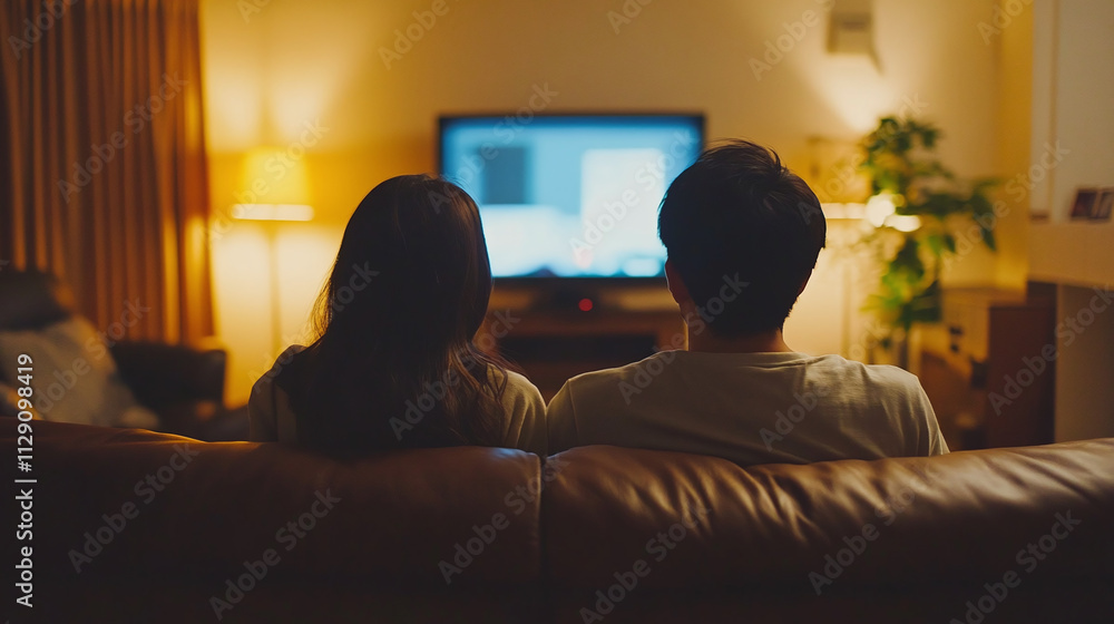 Rearview of a whole family sitting in a living room, on a brown leather sofa or couch, relaxing and watching tv screen program at night or in the evening. leisure entertainment,father, mother and kids Rearview of a whole family sitting in a living room, on a brown leather sofa or couch, relaxing and watching tv screen program at night or in the evening. leisure entertainment,father, mother and kids