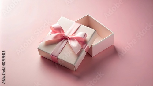 A delicate pink gift box with a satin ribbon, subtly revealing its emptiness, resting on a soft pink background.