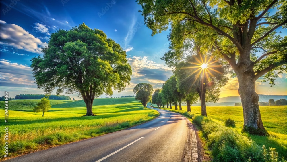 Scenic Summer Road Through Lush Green Countryside Under a Bright Blue Sky, Perfect for Travel and Adventure Enthusiasts Seeking Beautiful Landscape Photography Inspiration Scenic Summer Road Through Lush Green Countryside Under a Bright Blue Sky, Perfect for Travel and Adventure Enthusiasts Seeking Beautiful Landscape Photography Inspiration