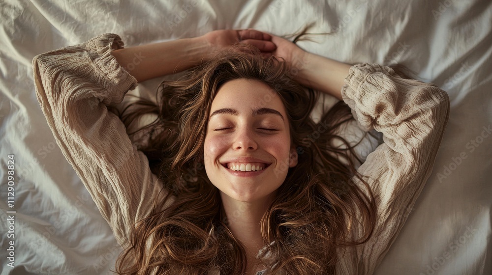 Fototapeta premium Relaxed woman shielding her eyes from light in a cozy, minimalistic bedroom