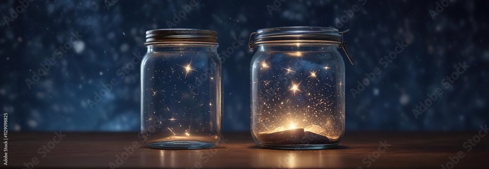 Softly glowing jar filled with sparkling starlight against a dark blue sky, starlight, jar, serene night scene Softly glowing jar filled with sparkling starlight against a dark blue sky, starlight, jar, serene night scene