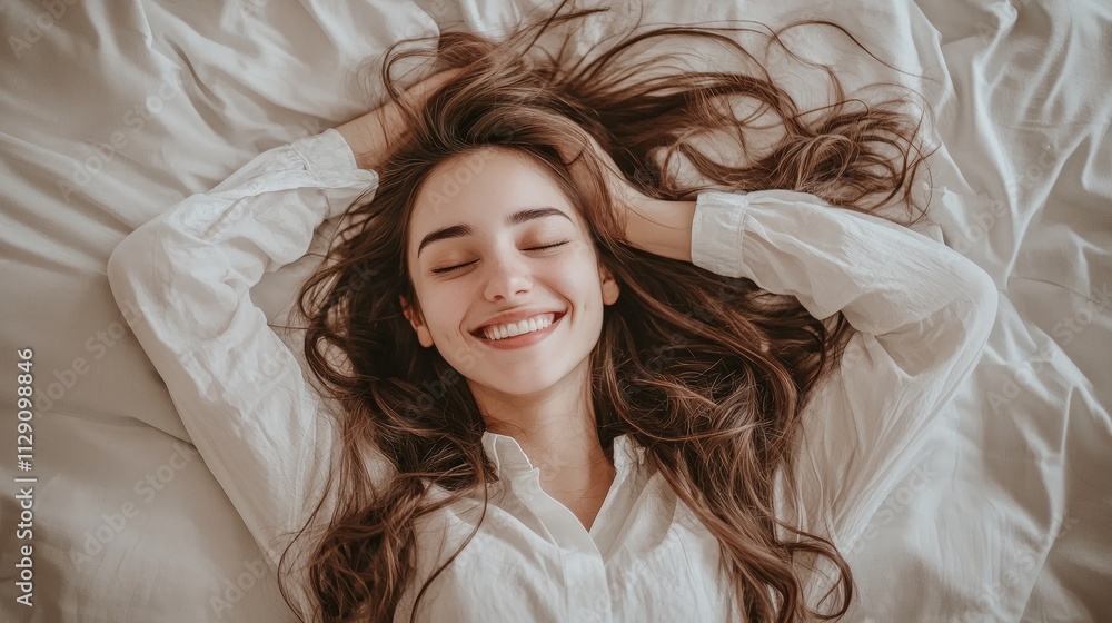 Fototapeta premium Relaxed woman shielding her eyes from light in a cozy, minimalistic bedroom