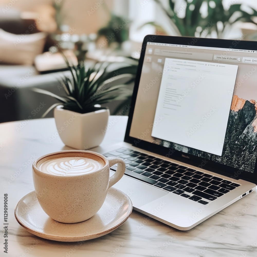 Picture of a cup of coffee with a laptop on a table Picture of a cup of coffee with a laptop on a table