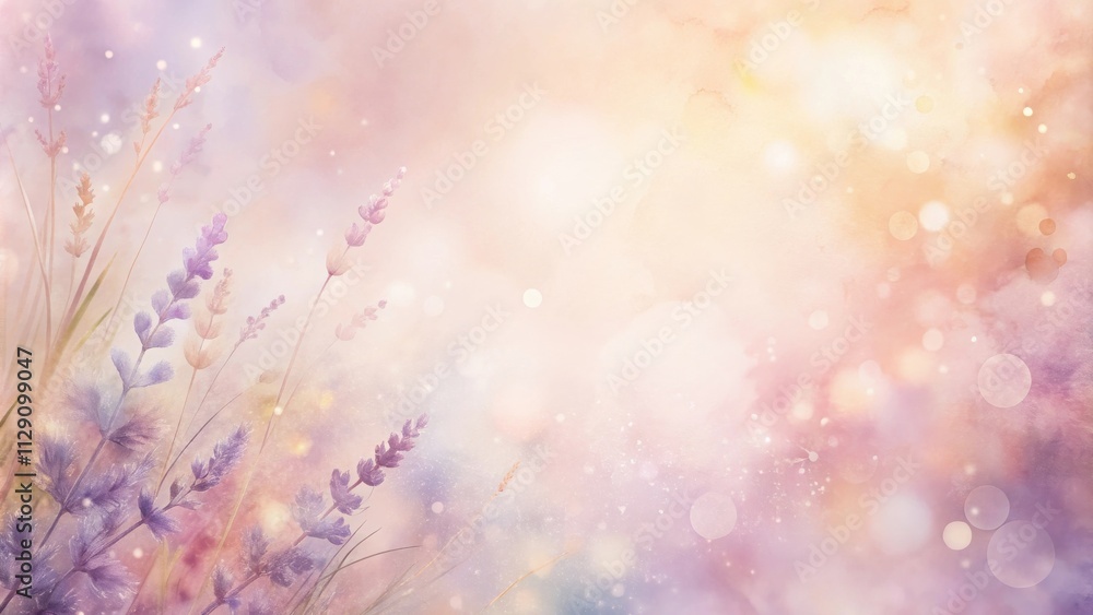 Obraz premium A watercolor painting of lavender flowers with a soft bokeh background, creating an ethereal and dreamy landscape.