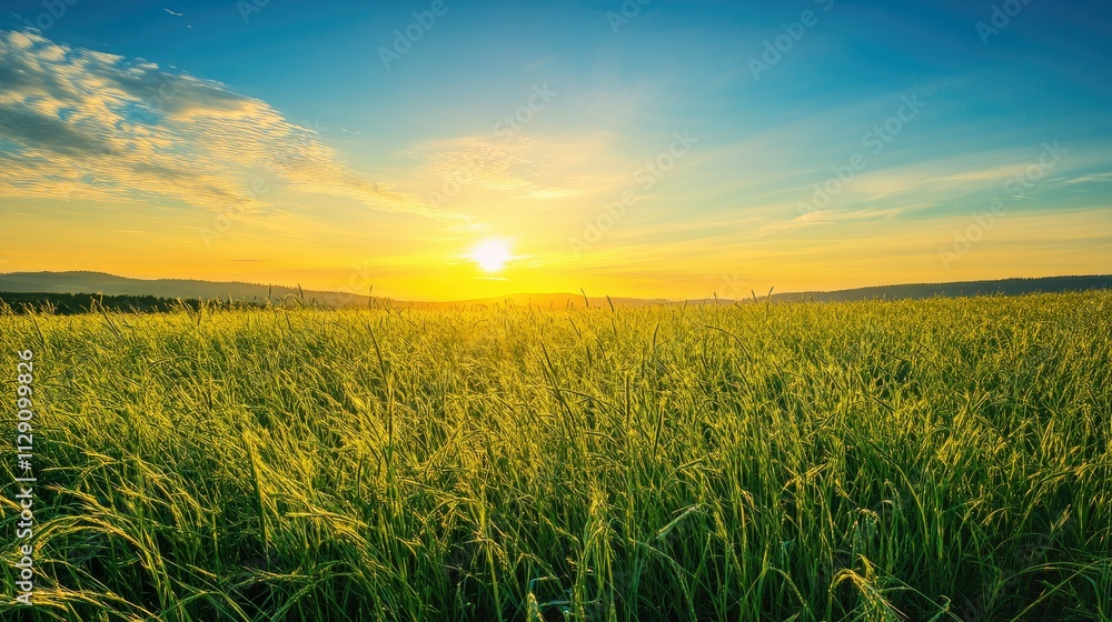 Tall flowering grass on green meadow at sunrise or sunset Tall flowering grass on green meadow at sunrise or sunset