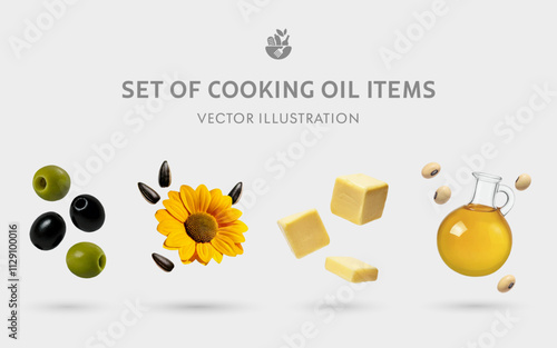 A Set of Cooking Oil 3D Vector Items: Green Olive, Black Olive, Sunflower, Butter, Soybean