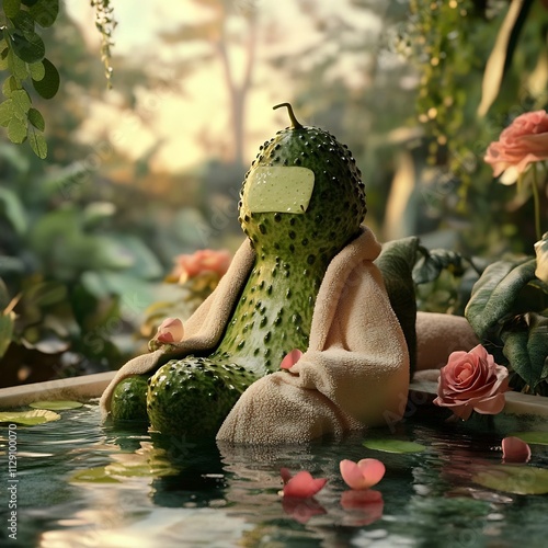 Enchanting Nude Fantasy Female Meditating in Mystical Garden Pond