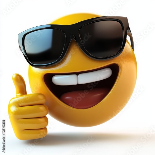 An emoticon face icon in sunglasses giving a thumbs up cartoon