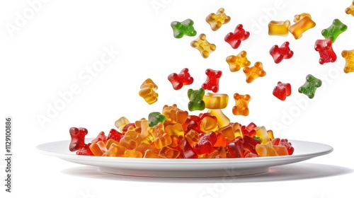 Colorful gummy bears pouring into a white plate, creating a sweet and playful cascade, isolated on a white background