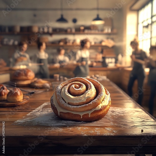 Freshly Baked Cinnamon Roll on Wooden Table in Cozy Cafe Setting