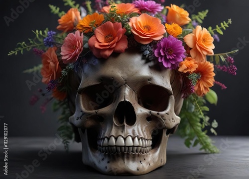 A beautiful floral arrangement sits atop a skull with a subtle glow, eerie, glowing, mysterious