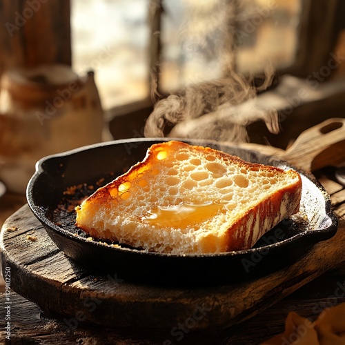 Freshly Baked Homemade Toast With Butter and Honey on Rustic Wooden Tray